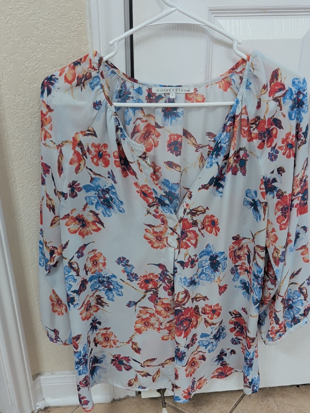 Violet & Claire Coral and Blue Floral V-Neck Blouse